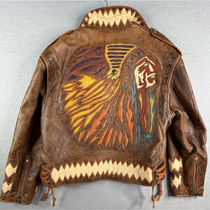 Vtg Bolufe Leather Motorcycle Jacket Sz 48 XL XXL Native American Indian RARE